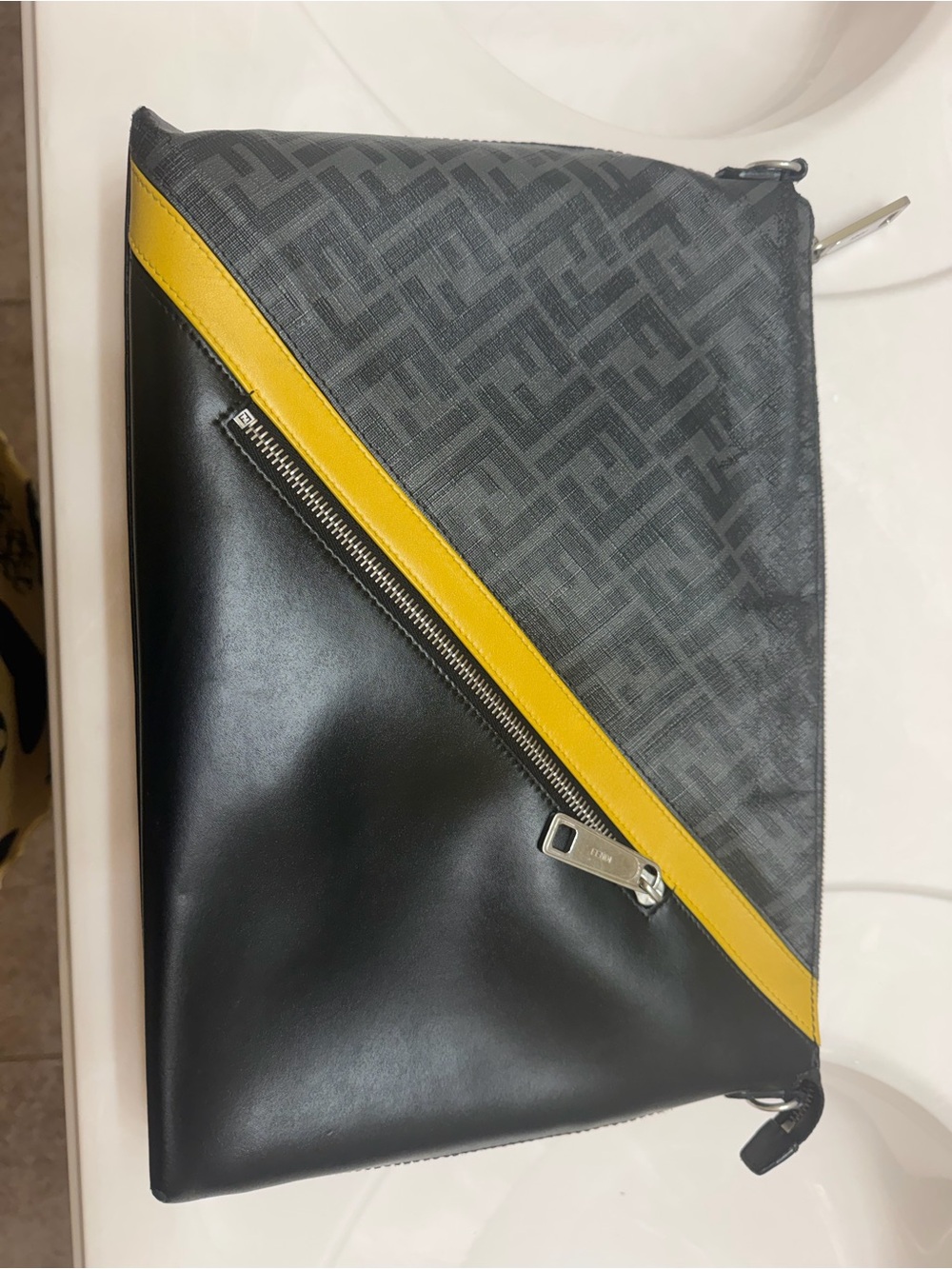 Fendi Black & Yellow Diagonal Zip Crossbody Bag